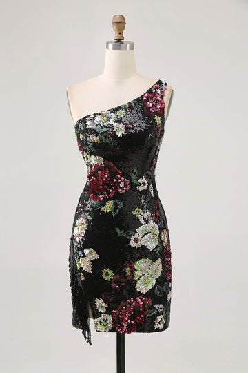 Black Flower Bodycon Sequin One Shoulder Cocktail Dress